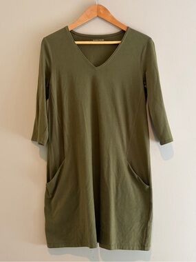 Eileen Fisher Olive Green Knit V-Neck 3/4 Sleeve Dress With Two Pockets Size XS